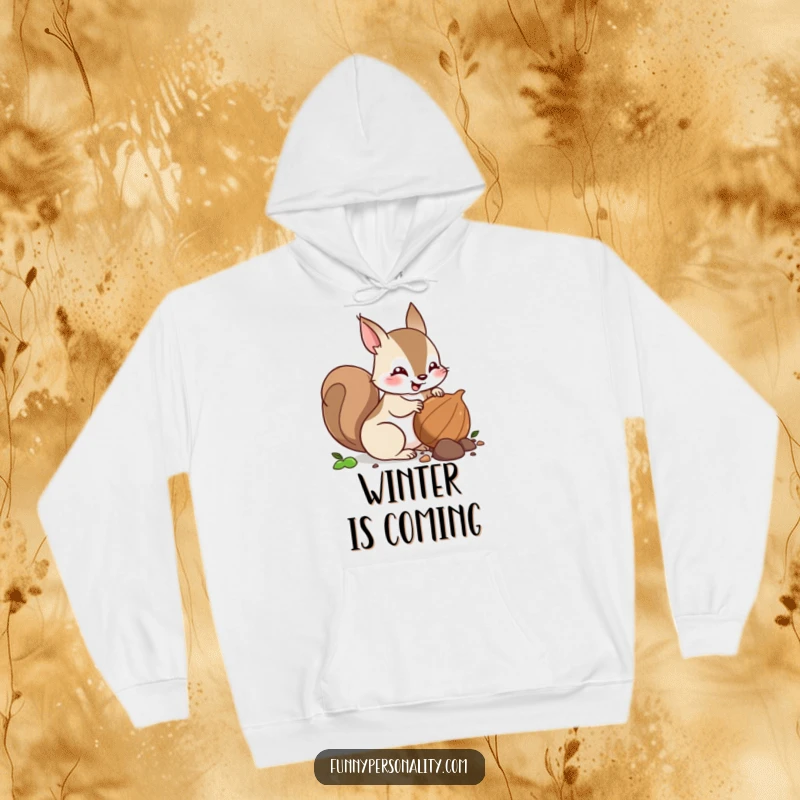 Funny squirrel hoodie featuring a determined squirrel character diligently burying a nut, ideal for cozy days.