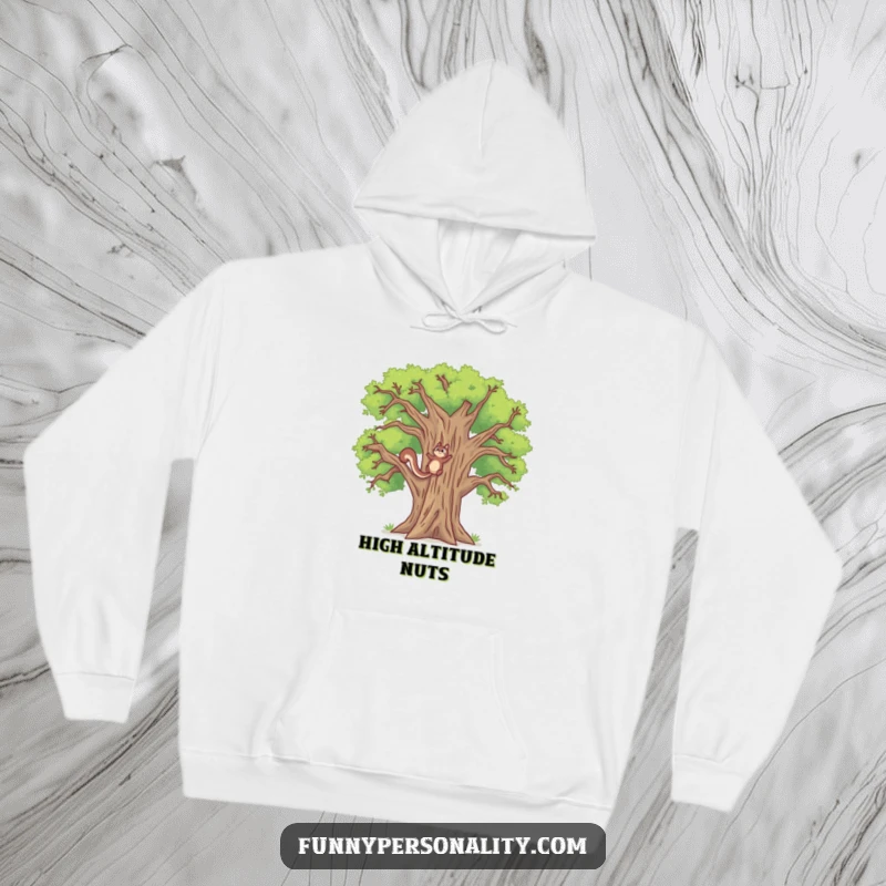 Funny hoodie with a determined squirrel climbing a ridiculously tall oak tree, a comfortable and humorous statement piece.