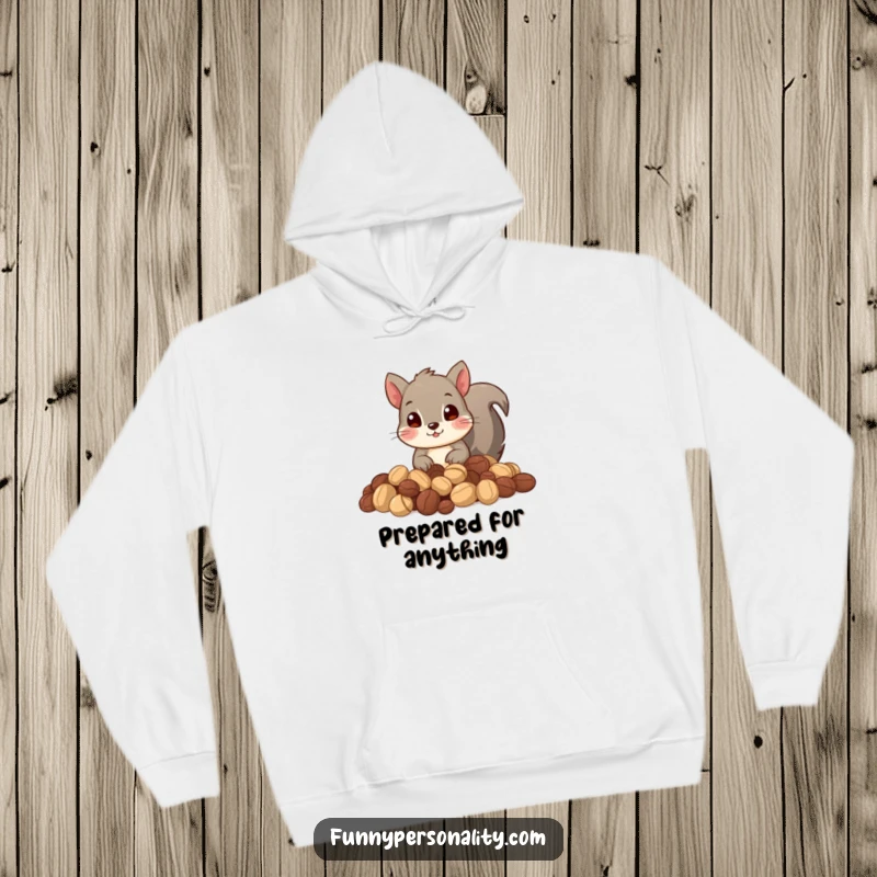 Funny hoodie featuring a curious squirrel peeking from a pile of nuts, offering comfort and a sense of playful hoarding.