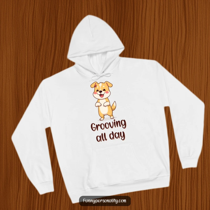 Funny hoodie features a happy dog performing a silly dance, offering warmth and a dose of playful energy.