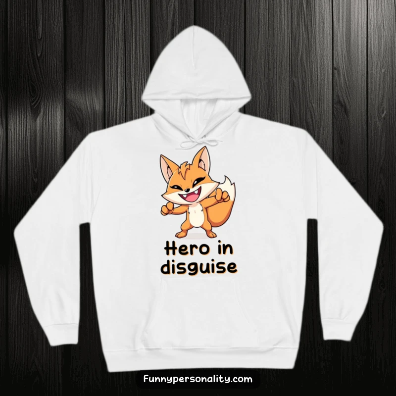 Funny hero fox hoodie featuring a grinning fox in a dramatic pose, ideal for staying warm and feeling heroic.