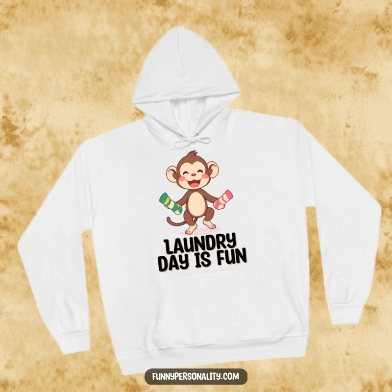 Funny playful monkey character juggling socks, depicted on a soft hoodie, bringing a smile to laundry day and a funny gift.