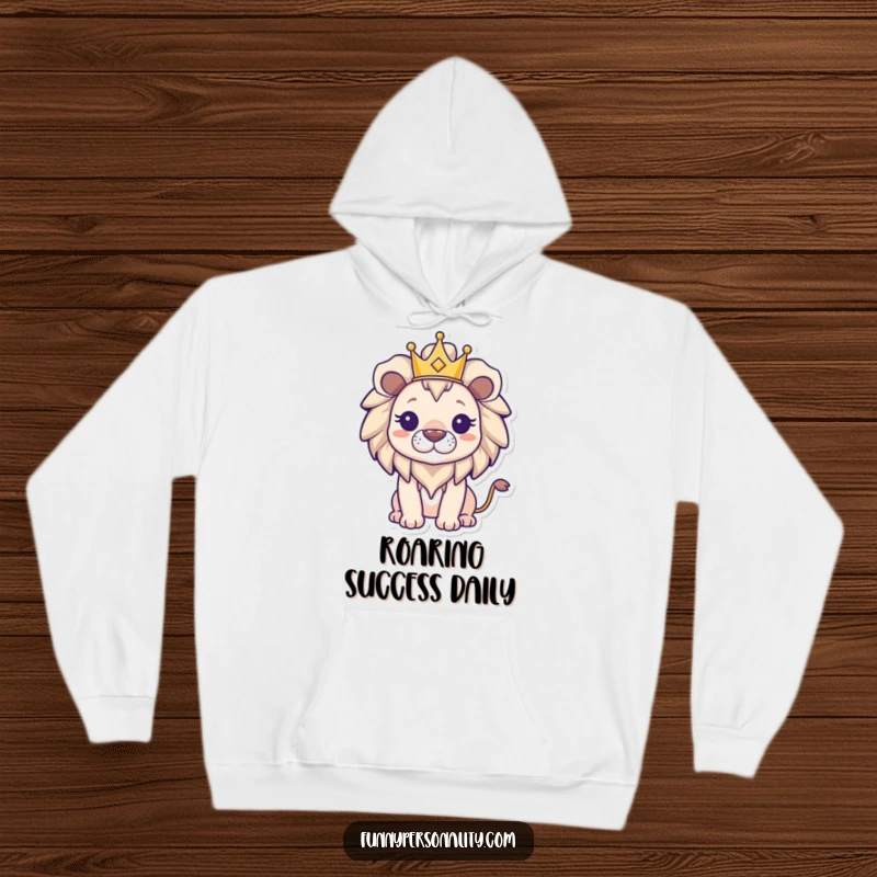 Funny triumphant lion wearing a small crown, featured on a cozy hoodie, embodying strength and regal authority with a proud roar.