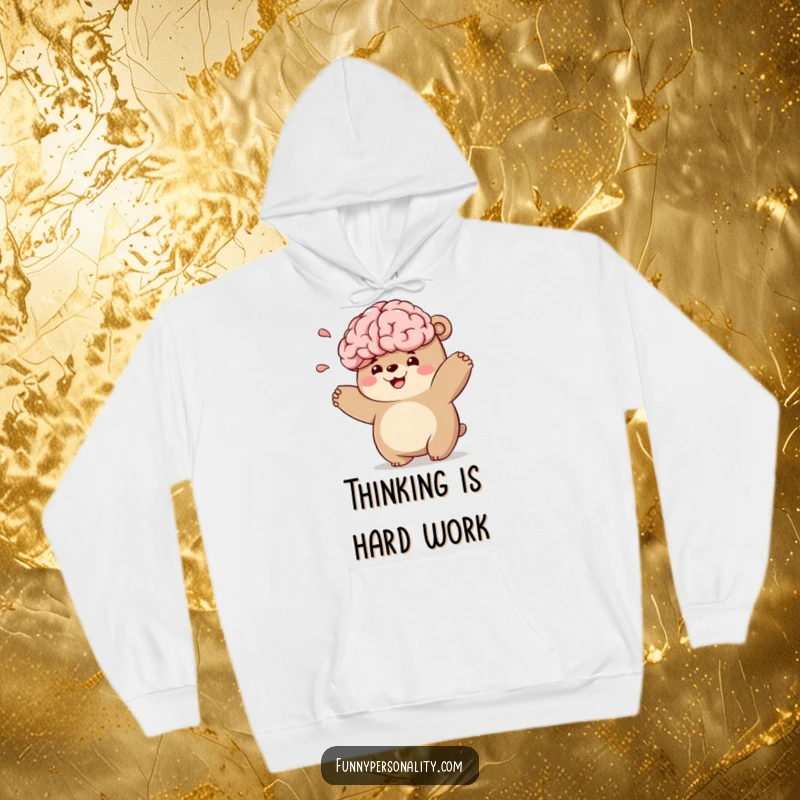 Funny bear character hoodie with a chubby bear playfully tossing a smiling brain, ideal for cozy and smart wear.