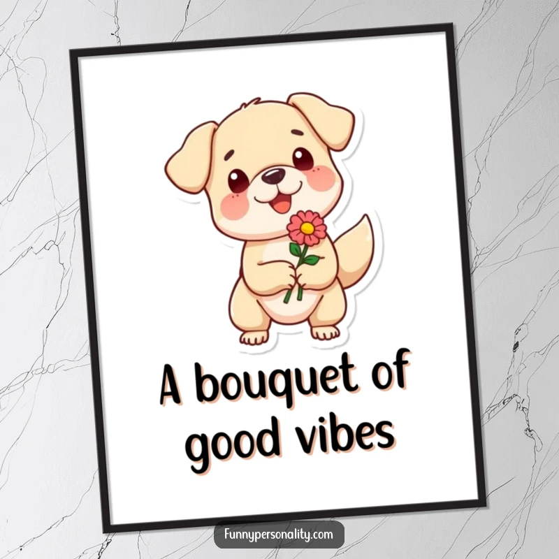 Funny Free Printable Wall Art: A small, happy dog with a wagging tail enthusiastically presents a beautiful flower, adding charm to your room.