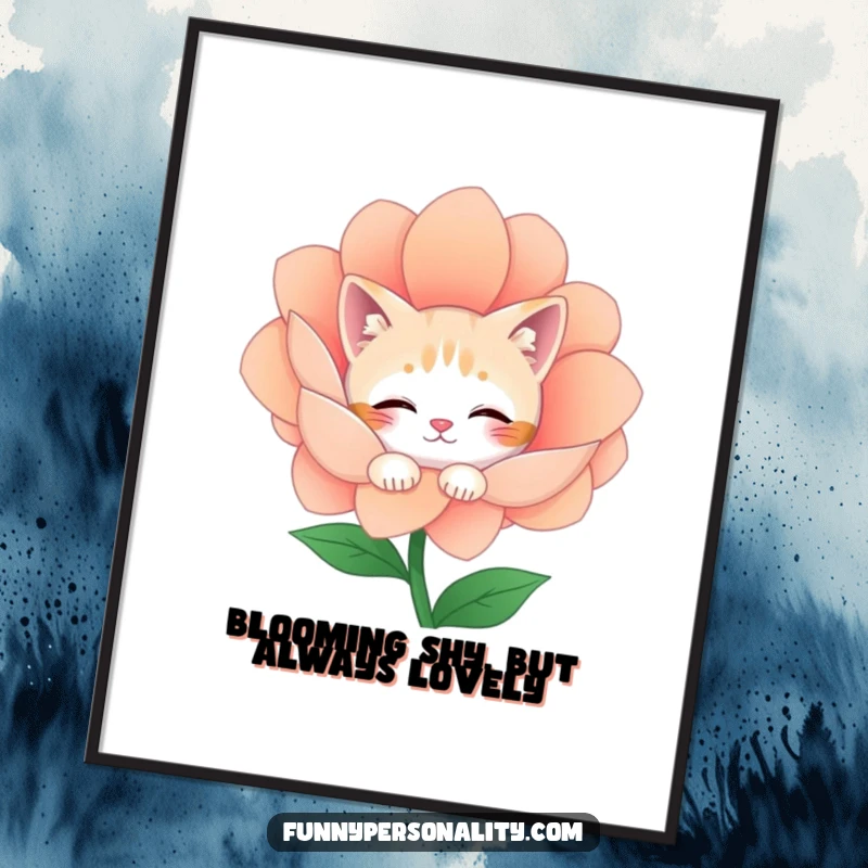 Funny free printable wall art: A shy cat character cautiously peeks from behind a large, vibrant flower, creating a scene of quiet curiosity.