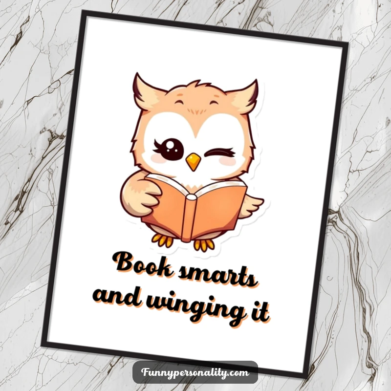 Funny Free Printable Wall Art depicting a winking owl engrossed in a book, adding intellectual humor to any room.