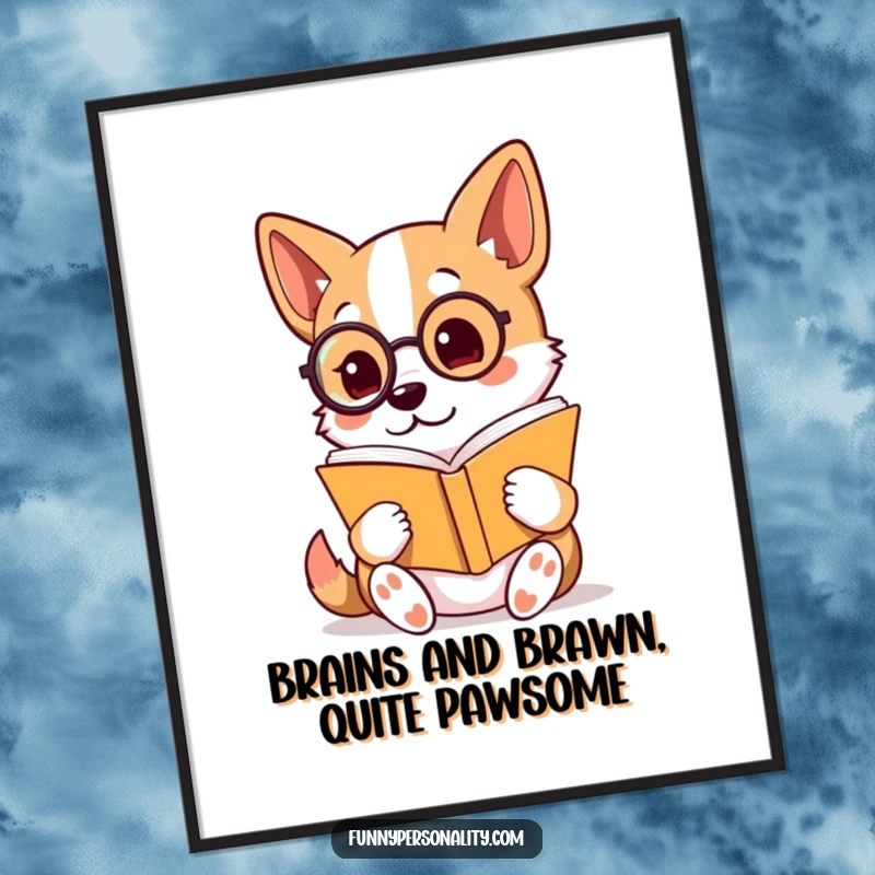 Funny free printable wall art: A playful dog wearing a monocle sits attentively, engrossed in reading a book with keen, intelligent interest.