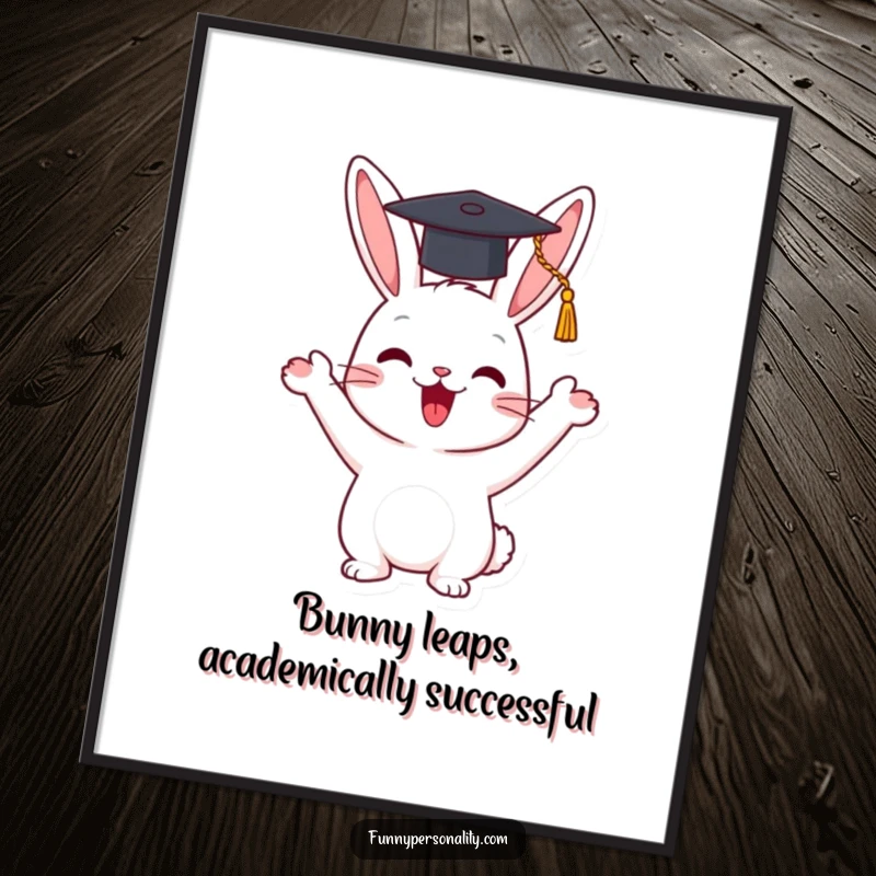 Funny Free Printable Wall Art of a happy rabbit character enthusiastically waving a tiny graduation cap, embodying achievement and joy.