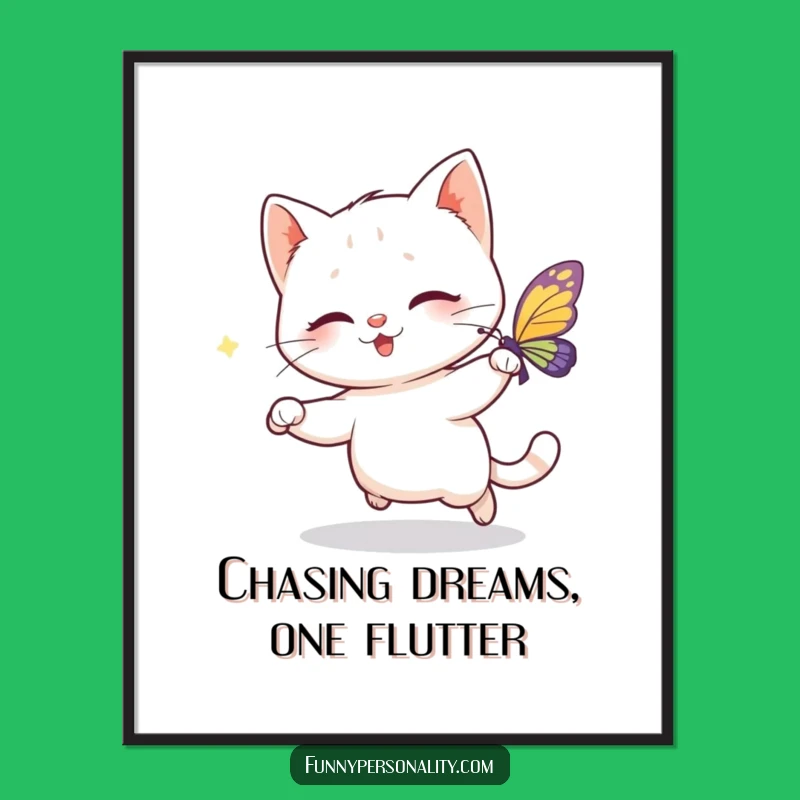 Funny Free Printable Wall Art: Cat Chasing Butterfly, Whimsical Downloadable Decor