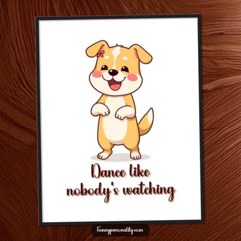 Funny Free Printable Wall Art: A cheerful dog enthusiastically doing a silly dance move, bringing pure joy.