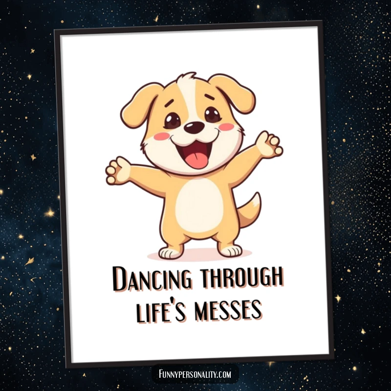 Funny Free Printable Wall Art: A cheerful dog character enthusiastically performing a quirky and silly dance.