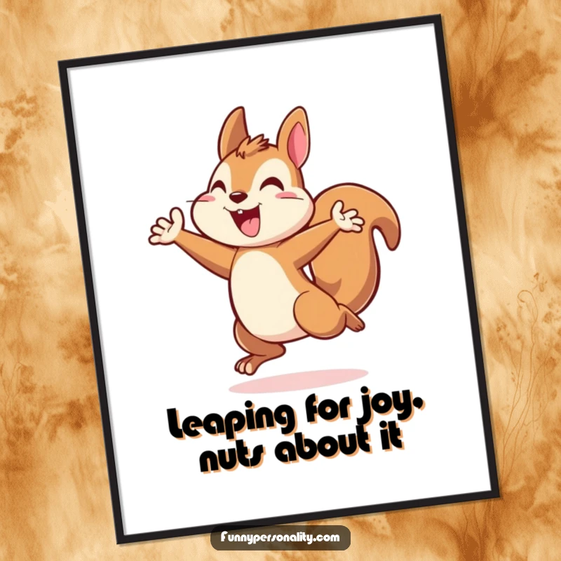 Dynamic free printable squirrel wall art, an energetic squirrel captured mid-leap in a triumphant pose.