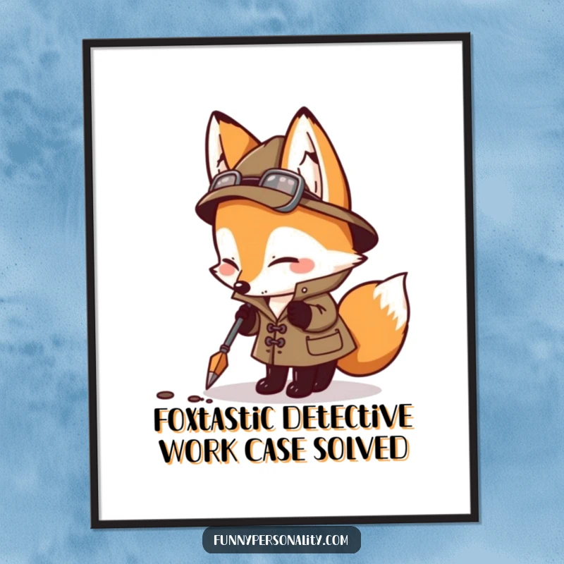 Funny Free Printable Fox Detective Art: A determined fox in a detective outfit sniffs the ground, searching for clues on your wall, adding humor.