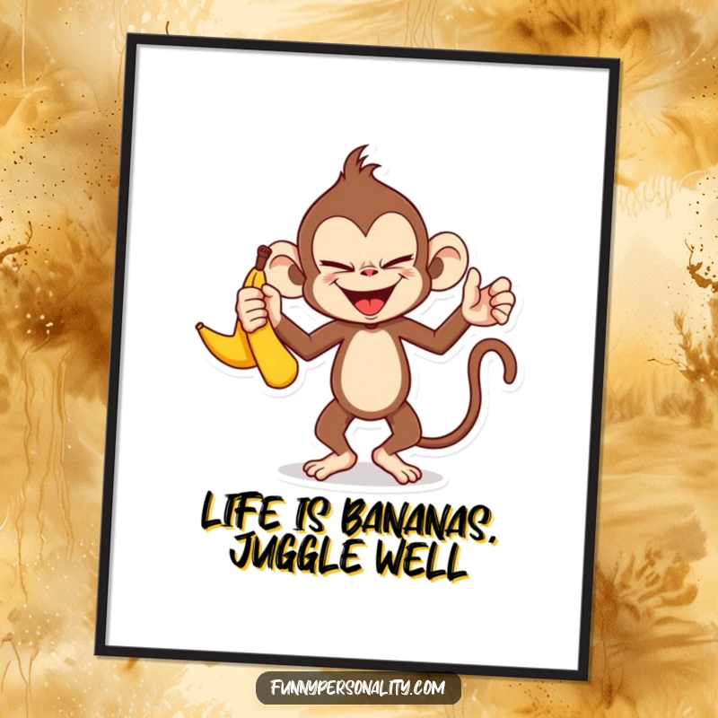 Funny free printable wall art of a mischievous monkey character juggling three bananas with a sly smile, exuding playful energy.