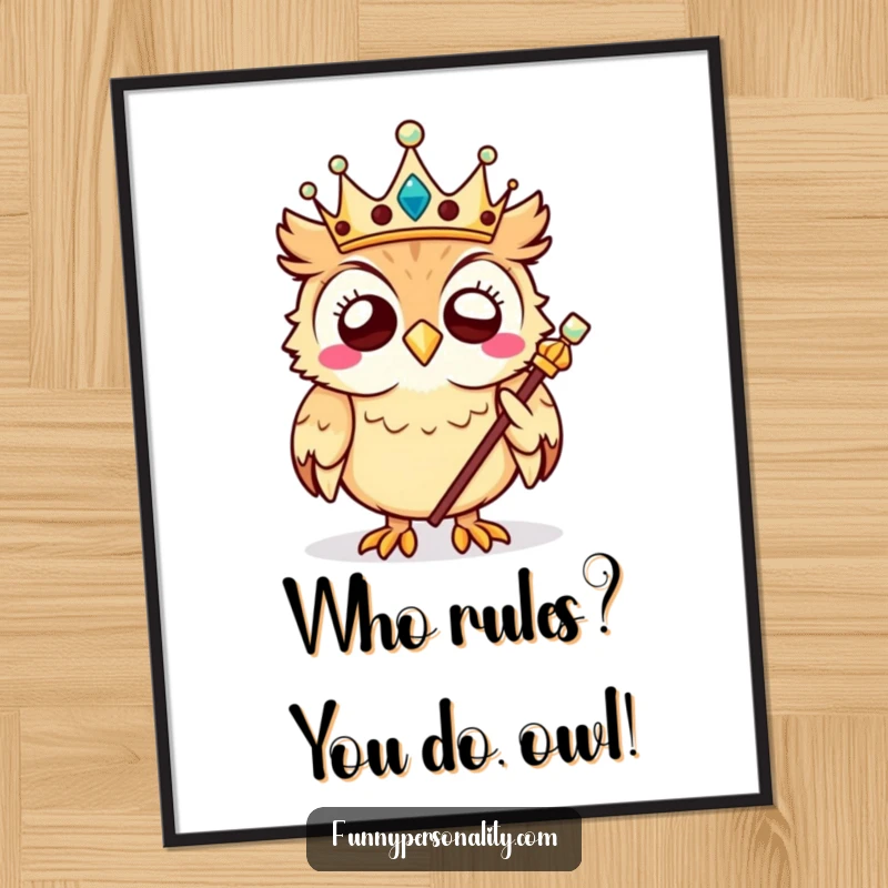 Funny Free Printable Owl Wall Art: A giggling owl wearing a crown and holding a scepter, bringing regal humor to decor.