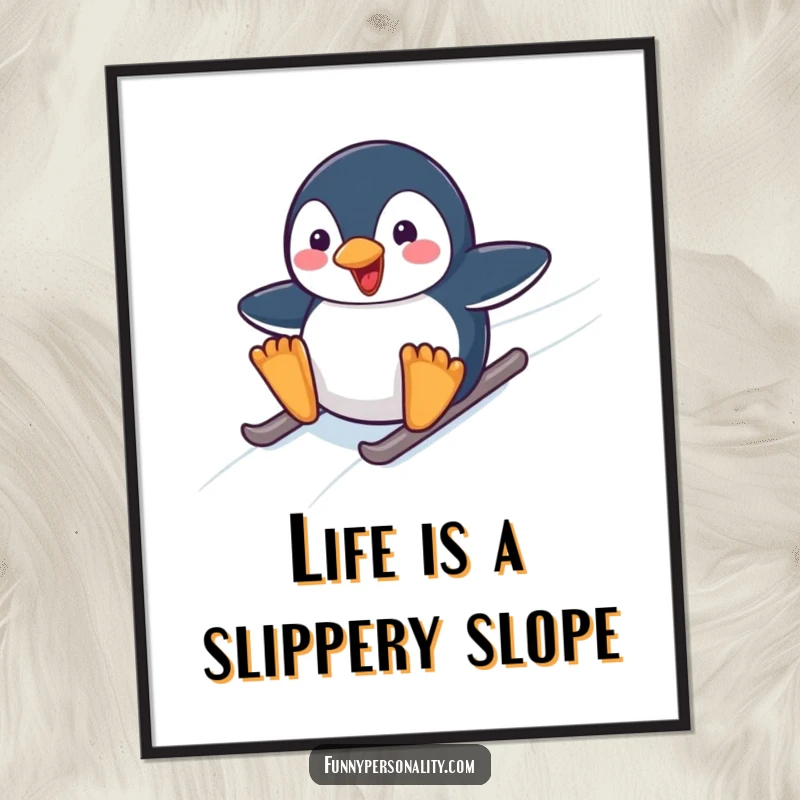 Funny Free Printable Wall Art: Energetic penguin sliding downhill on ice with a huge smile and pure joy.