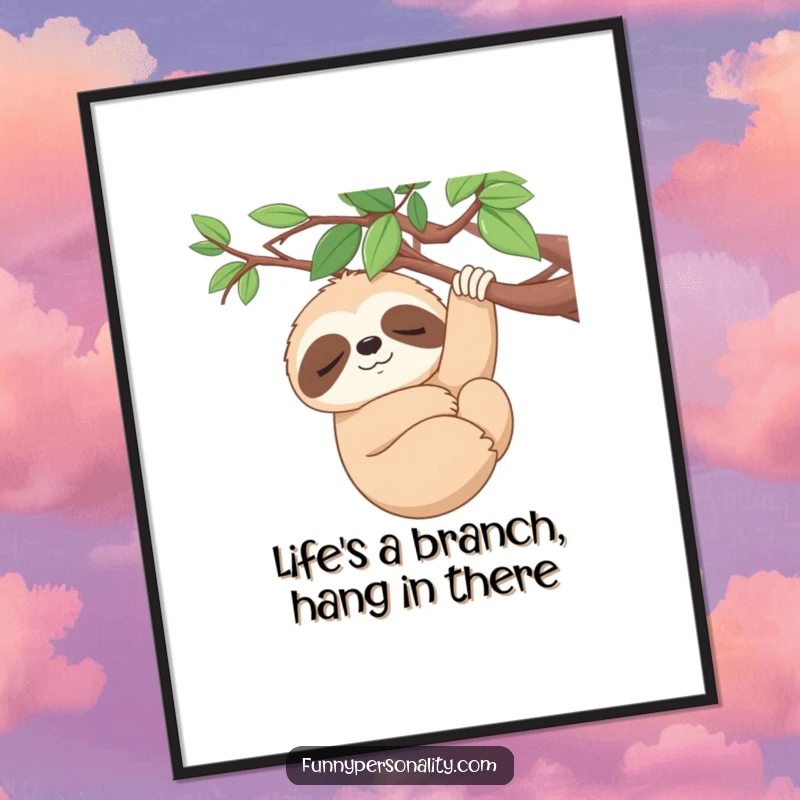 Funny Free Printable Wall Art: Serene sloth hanging from a branch, relaxing downloadable decor.