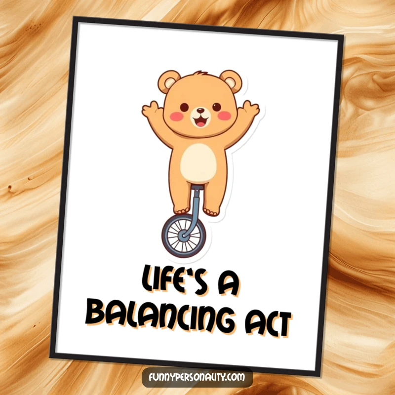 Funny Free Printable Wall Art: A cute bear joyfully rides a unicycle, waving hello. Whimsical downloadable decor.