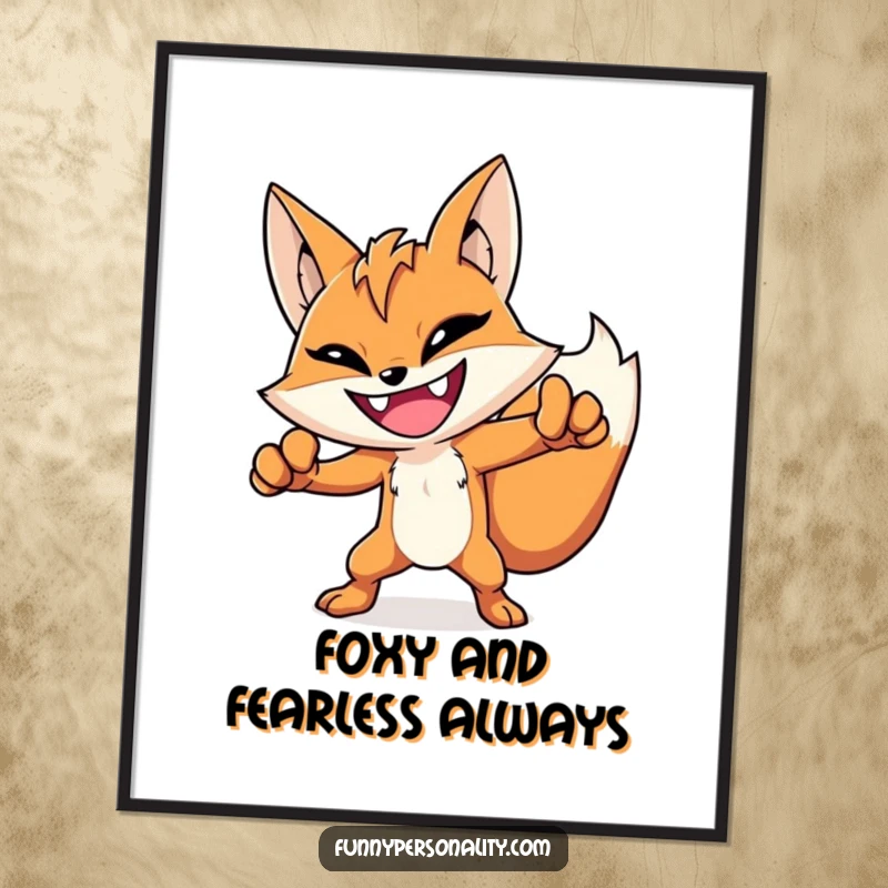Funny Free Printable Wall Art of a grinning fox character striking a dramatic, heroic pose, adding a bold and humorous touch.