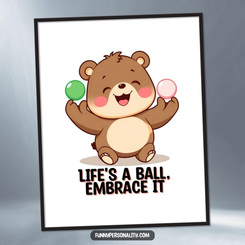 Funny Free Printable Wall Art: A smiling bear joyfully juggling bright, colorful balls, perfect for a playful atmosphere.