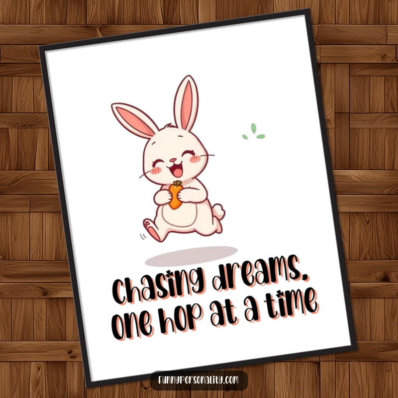 Funny Free Printable Wall Art: A cheerful rabbit excitedly jumping high to catch a carrot, adding playful energy to your decor.