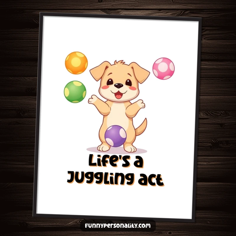 Funny Free Printable Wall Art: A cute puppy excitedly juggles three colorful, airborne balls. Whimsical downloadable decor.