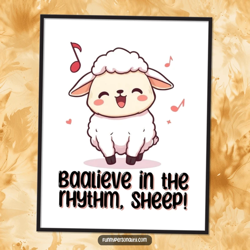 Funny Free Printable Wall Art: A joyful sheep character intensely bopping its head to unheard music, bringing good vibes.