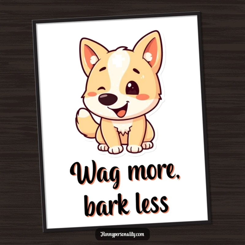 Funny Free Printable Wall Art: A dog character intensely wagging its tail, radiating pure, unadulterated canine glee.
