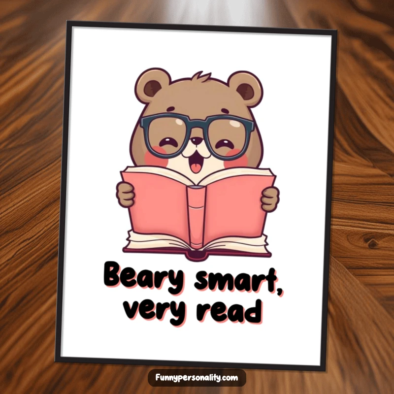 Funny free printable wall art of a cute bear wearing glasses, excitedly reading a giant open book.