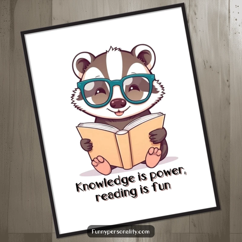 Funny Free Printable Wall Art: A cheerful badger wearing oversized glasses reads a giant book, creating a cozy, wise scene. Downloadable.