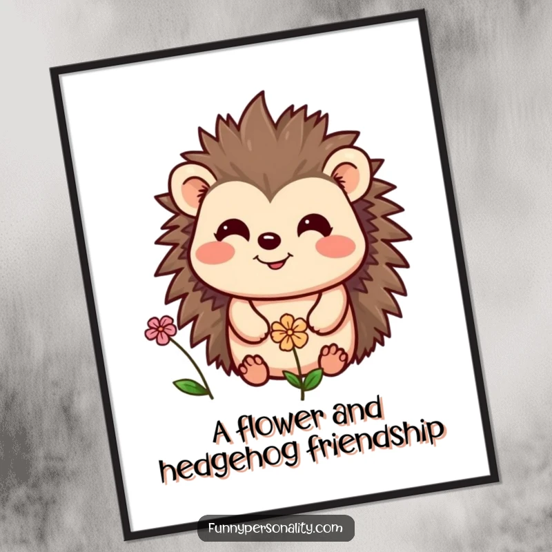 Funny Free Printable Wall Art: A cheerful hedgehog sharing a sweet smile with a small, delicate flower in a serene setting.