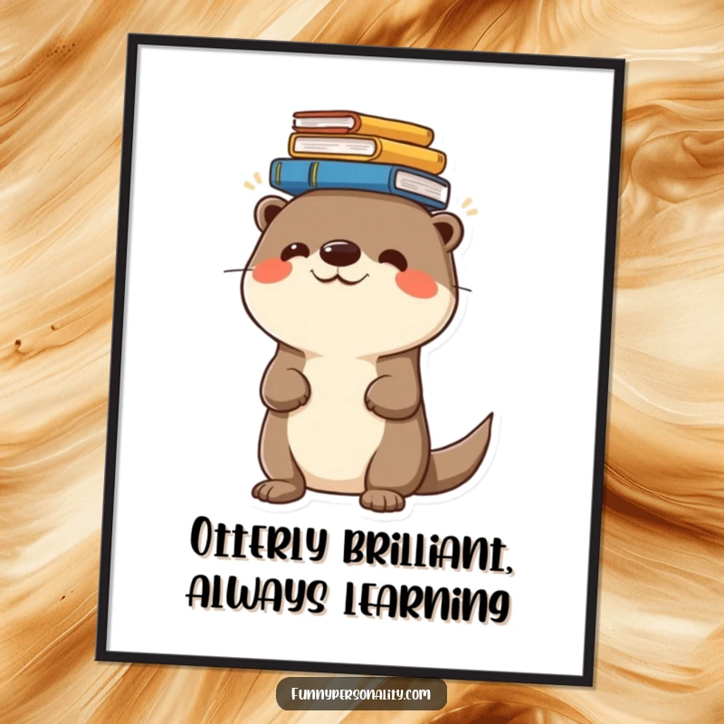 Funny Free Printable Wall Art of a cheerful otter character balancing a large stack of books on its head, looking studious and cute.