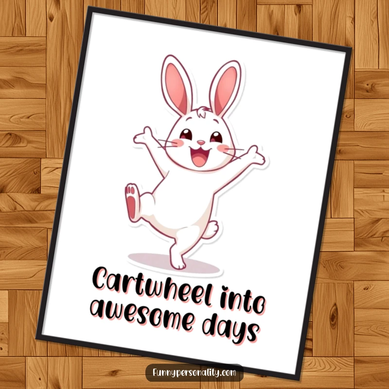 Funny Free Printable Wall Art: A smiling rabbit in mid-cartwheel, bringing energetic and humorous downloadable decor.