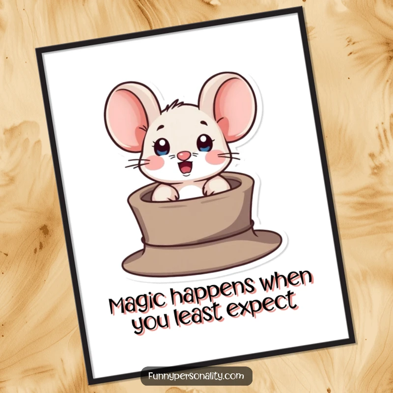 Funny Free Printable Wall Art: A small, wide-eyed mouse popping its head out from a tiny magician's hat.