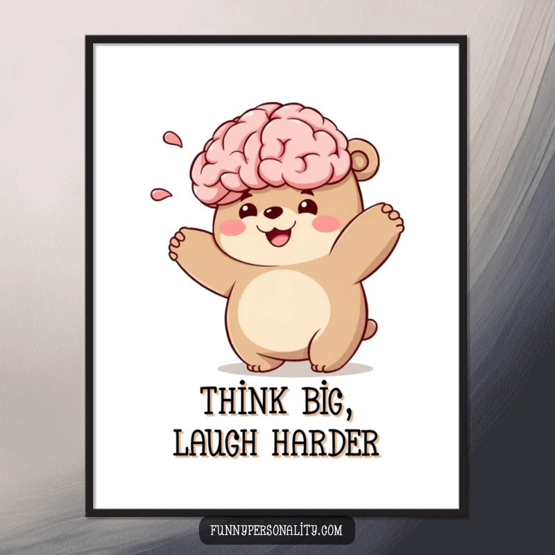 Funny Free Printable Wall Art: A chubby bear playfully tosses a large, smiling brain, representing cleverness and quirky fun.