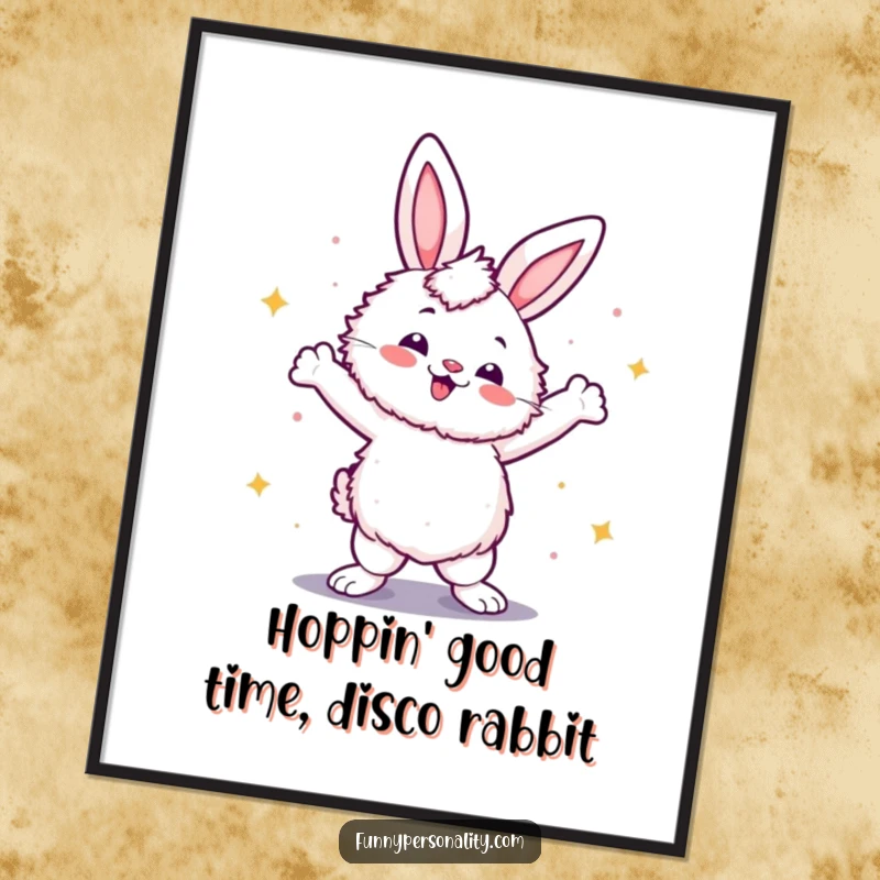 Funny free printable wall art of a fluffy rabbit striking a confident, energetic disco dance pose.