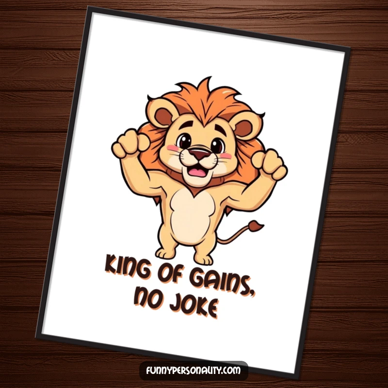 Funny Free Printable Wall Art: Proud lion with tiny, fluffy biceps striking a powerful flex pose with a smile.