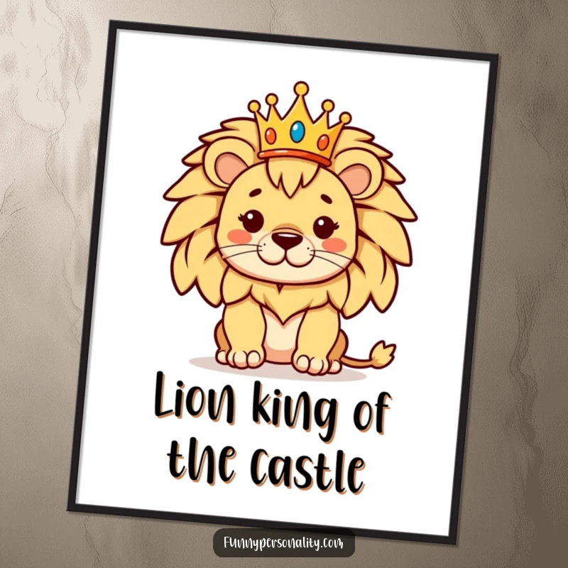 Funny Free Printable Wall Art: A proud lion posing regally, adorned with a tiny crown, exuding humorous authority.
