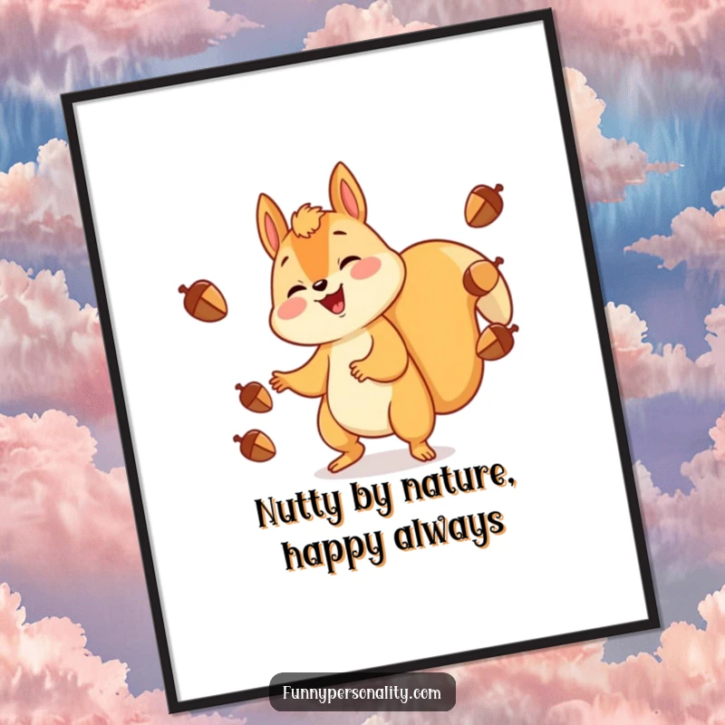 Funny Free Printable Wall Art: A gleeful squirrel cheerfully juggling multiple acorns, creating a fun and dynamic decorative piece.