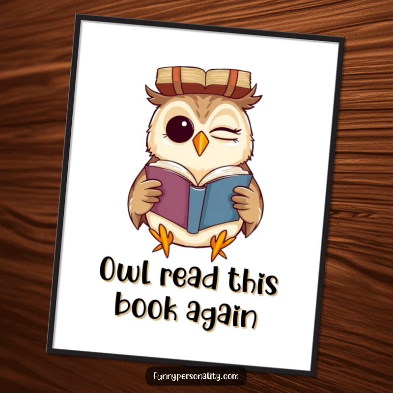 Funny Free Printable Wall Art: A winking owl with a mischievous grin, intently reading a book held upside down.