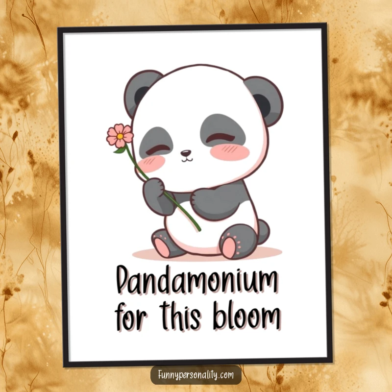 Charming free printable panda wall art, a shy panda blushing deeply while offering a single flower.