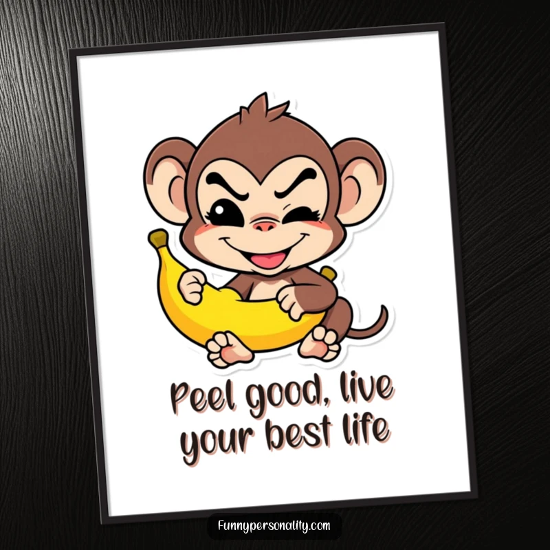 Funny Free Printable Wall Art: Mischievous monkey balancing a banana, playful downloadable decor.