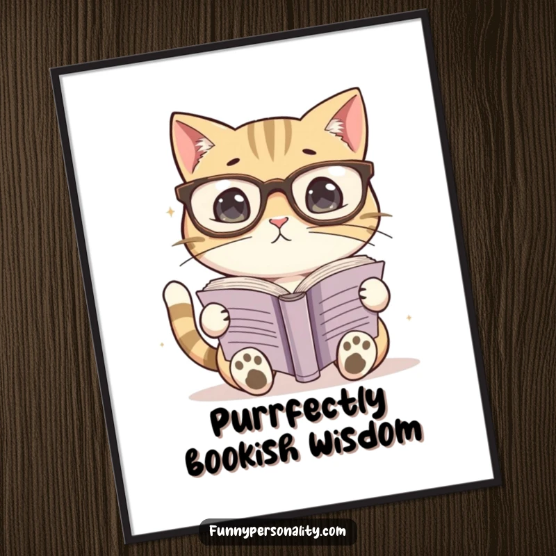 Funny Free Printable Wall Art: A cat character sporting large, round glasses, deeply engrossed in reading a thick book.