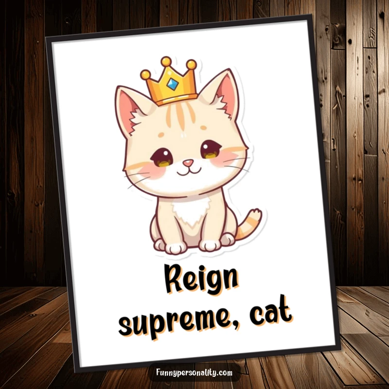 Funny Free Printable Wall Art: A majestic cat wearing an ornate crown sits regally, exuding an air of sophisticated humor and charm.