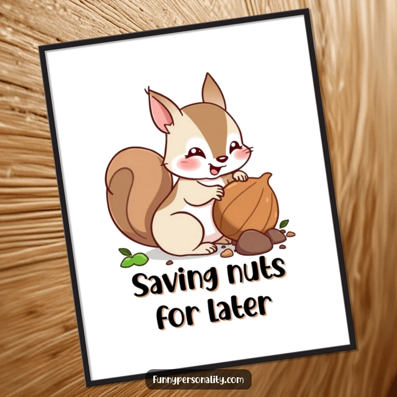Funny Free Printable Wall Art: A squirrel character intensely focused on excitedly burying a nut.