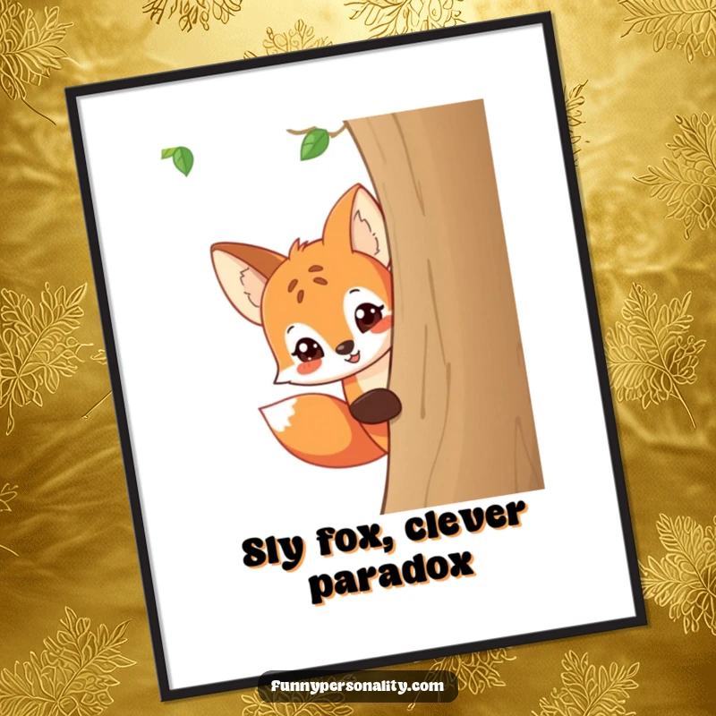 Funny Free Printable Wall Art: A sly fox with a conspiratorial grin peeks around a tree, inviting viewers into a playful secret.