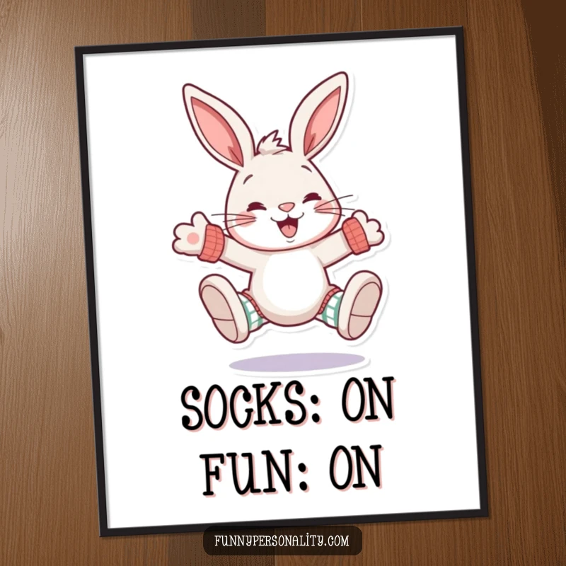 Funny free printable wall art of a hopping rabbit character with a wide grin, sporting large, mismatched socks, adding quirky charm.