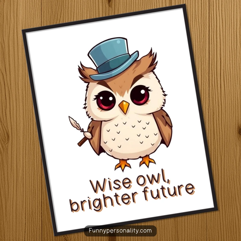 Funny Free Printable Wall Art: A curious owl wearing a tiny top hat and holding a quill, adding a touch of scholarly humor.