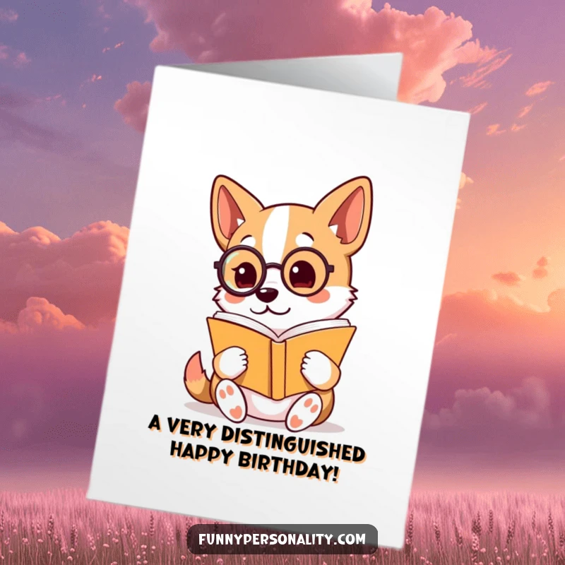 Funny free printable birthday card: A sophisticated dog with a monocle reads a book intently, celebrating a birthday with intellectual flair.